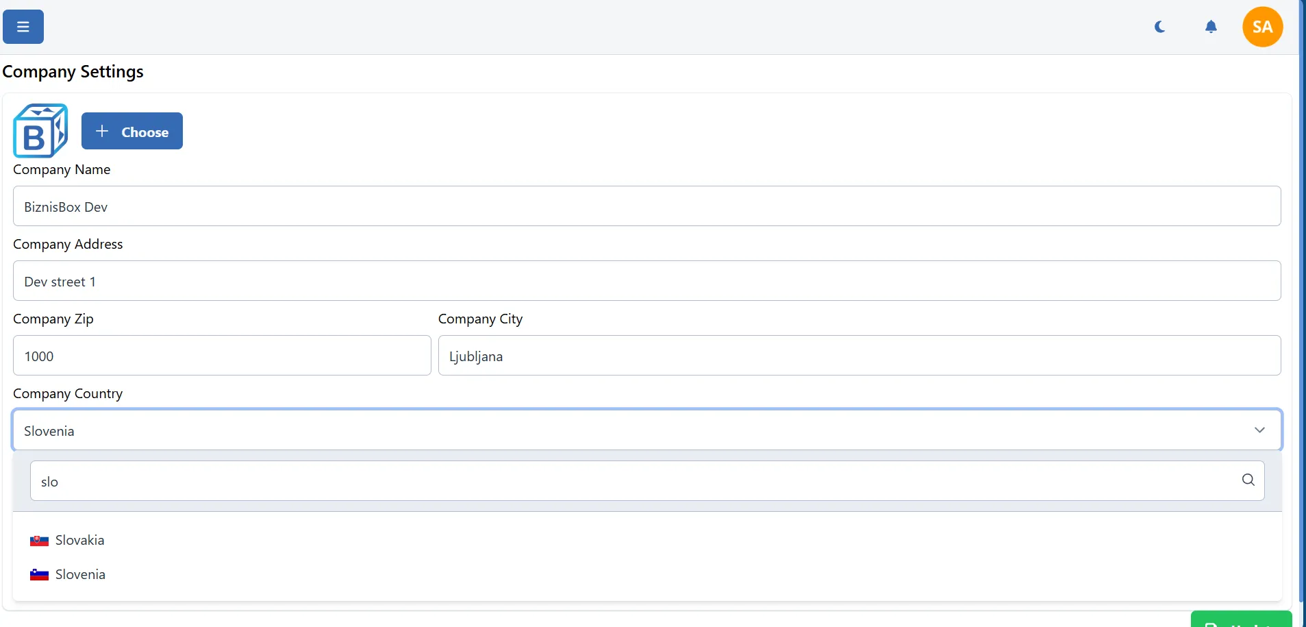 Company settings screen