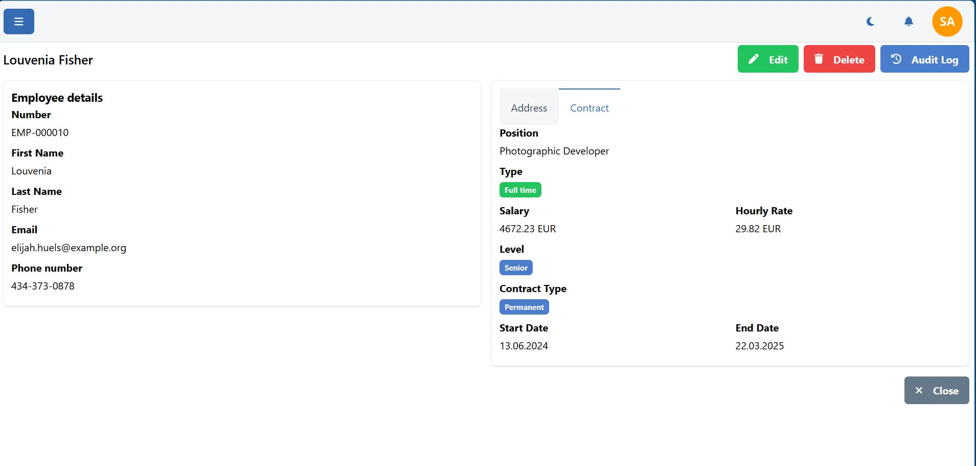 Employee details - contract