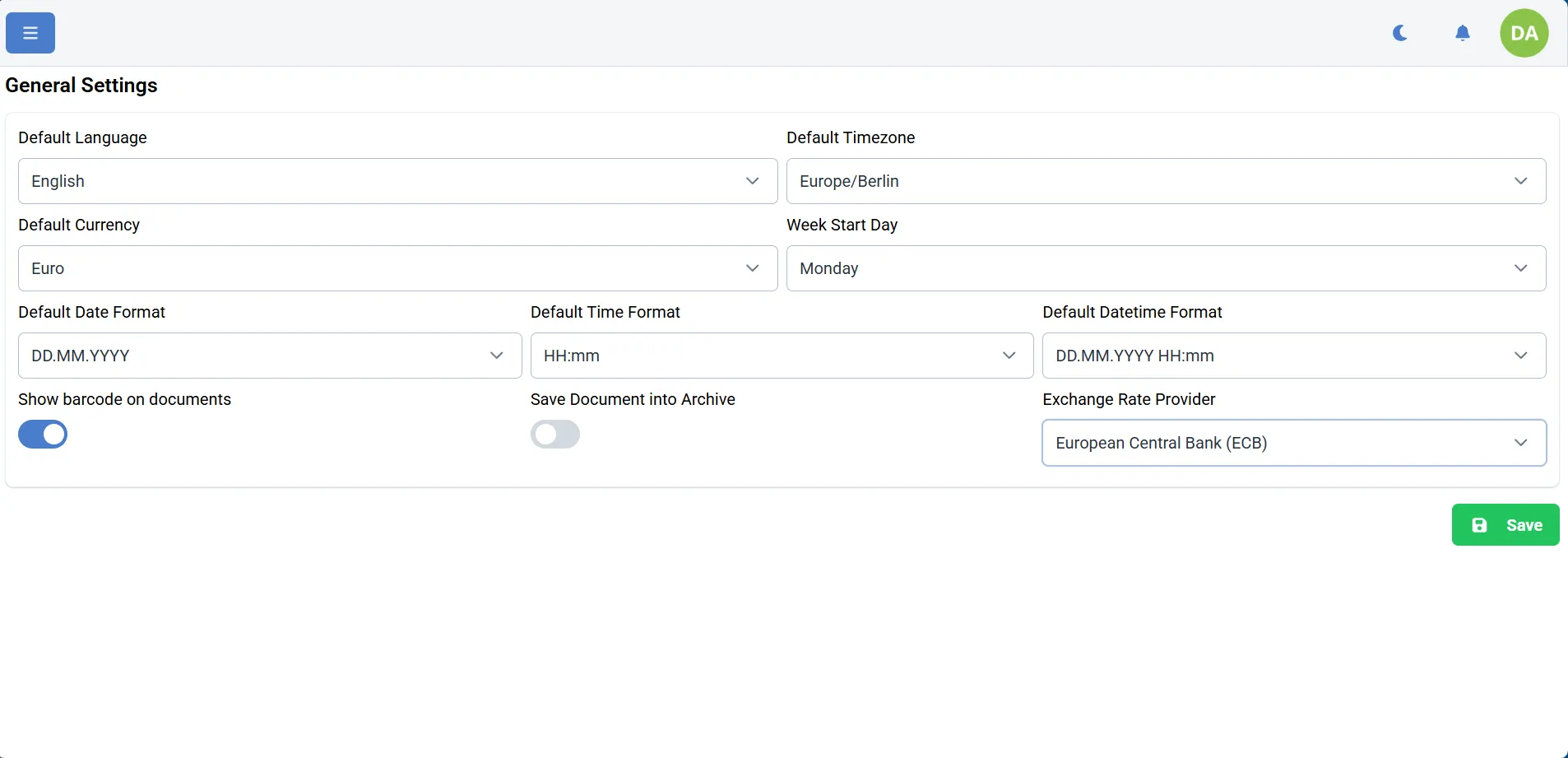 General settings screen