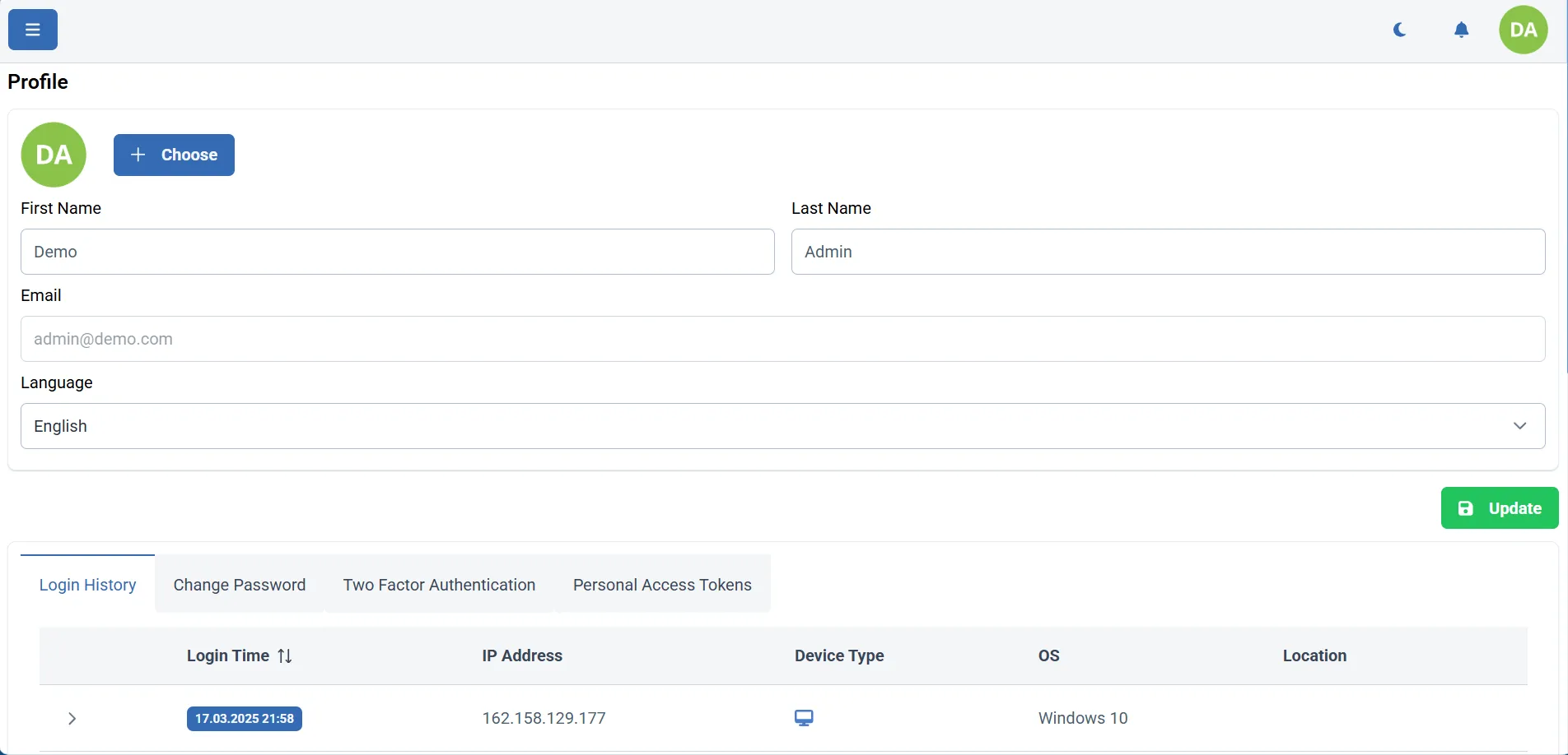 User settings screen